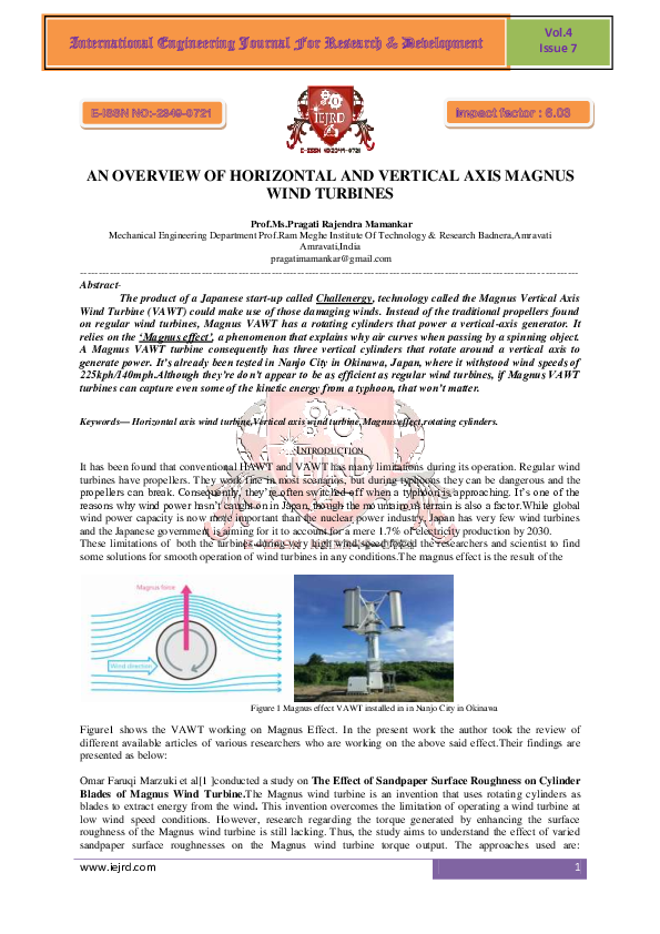 (PDF) An Overview of Horizontal and Vertical Axis Magnus Wind Turbines