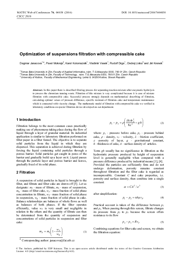 (PDF) Optimization of suspensions filtration with compressible cake