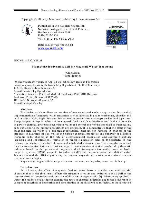 (PDF) Magnetohydrodynamic Cell for Magnetic Water Treatment