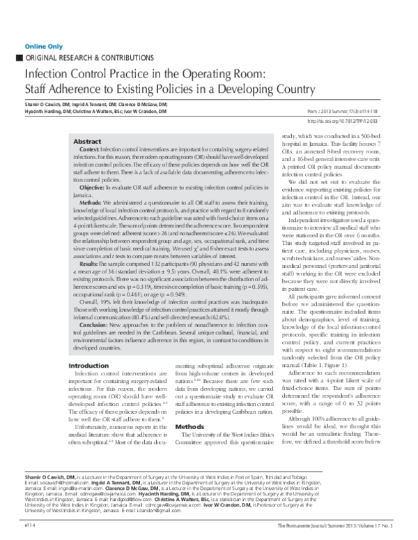 (PDF) Infection Control Practice in the Operating Room: Staff Adherence ...