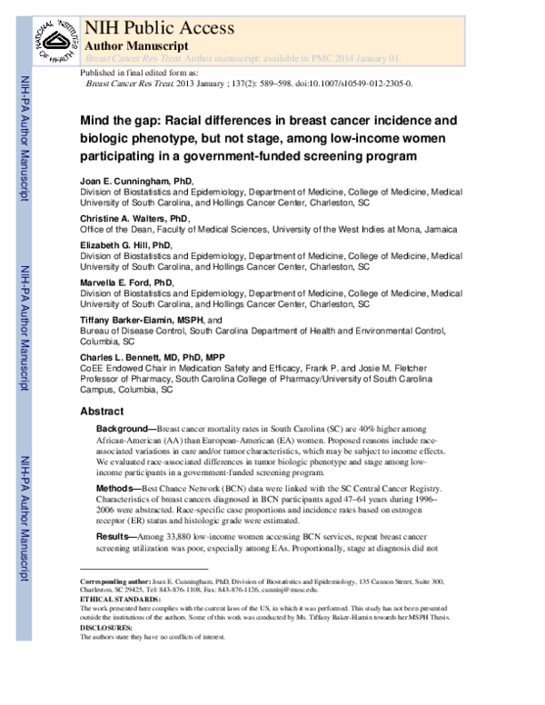 (PDF) Mind the gap: racial differences in breast cancer incidence and ...