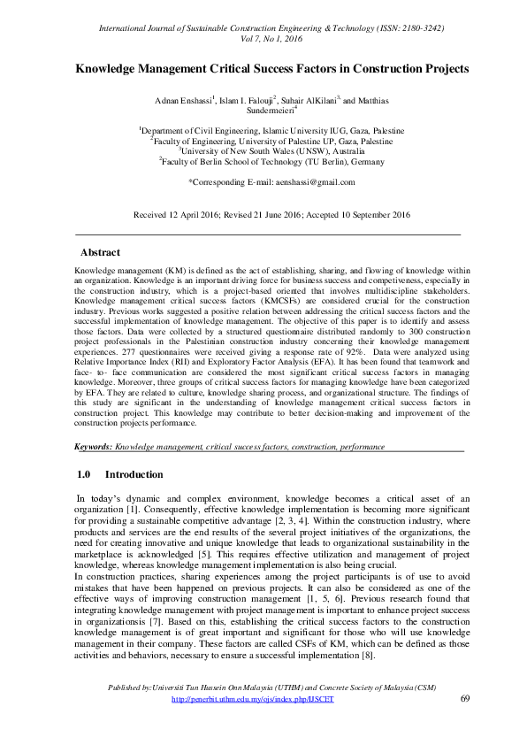 (PDF) Knowledge Management Critical Success Factors in Construction ...