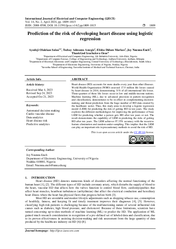 (PDF) Prediction of the risk of developing heart disease using logistic ...