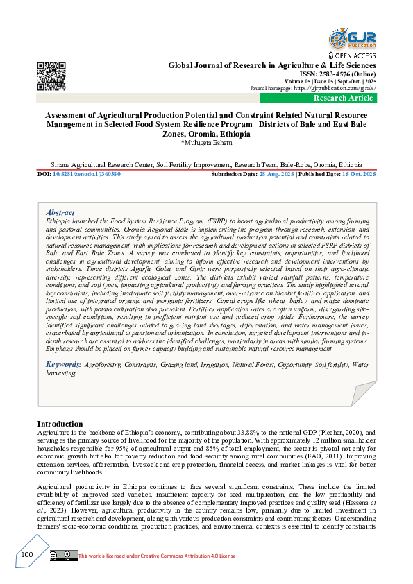 (PDF) Assessment of Agricultural Production Potential and Constraint ...