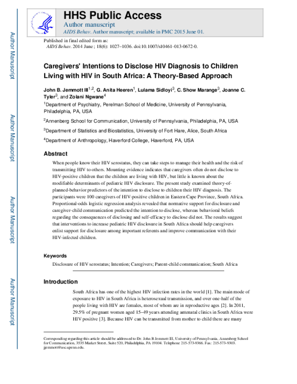 (PDF) Caregivers’ Intentions to Disclose HIV Diagnosis to Children ...