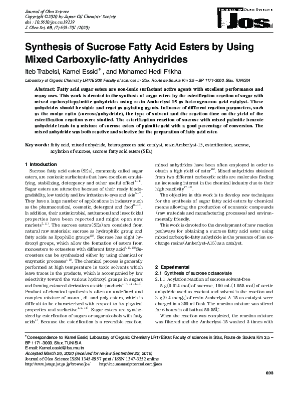 (PDF) Synthesis of Sucrose Fatty Acid Esters by Using Mixed Carboxylic ...