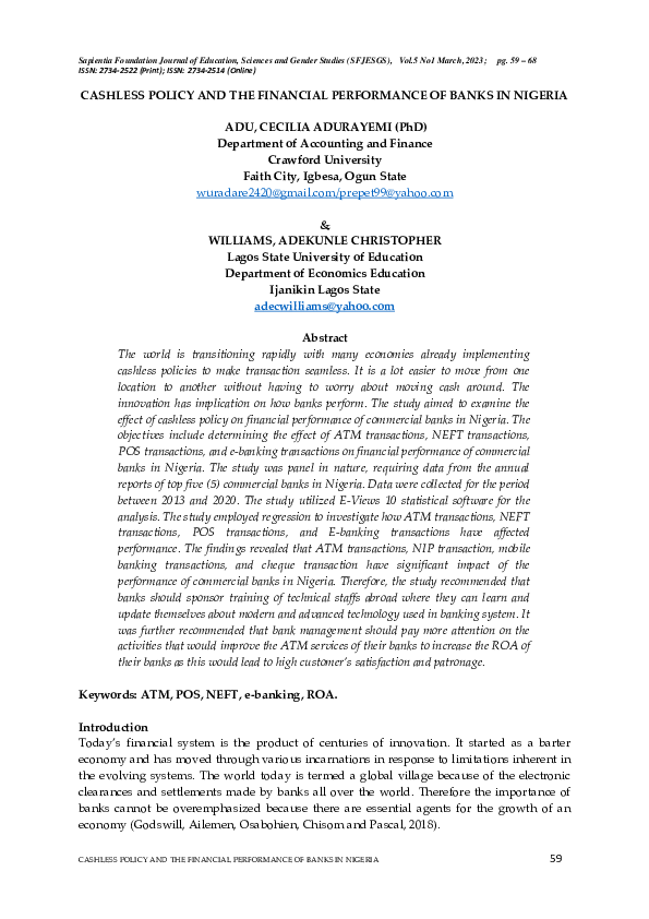 (PDF) CASHLESS POLICY AND THE FINANCIAL PERFORMANCE OF BANKS IN NIGERIA
