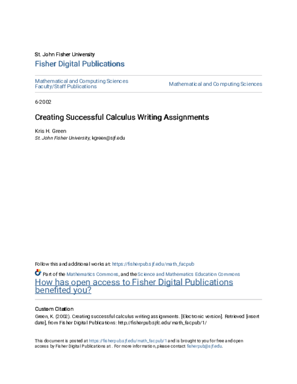 (PDF) Creating Successful Calculus Writing Assignments