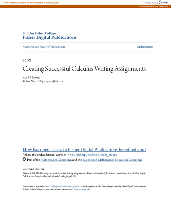 (PDF) Creating Successful Calculus Writing Assignments