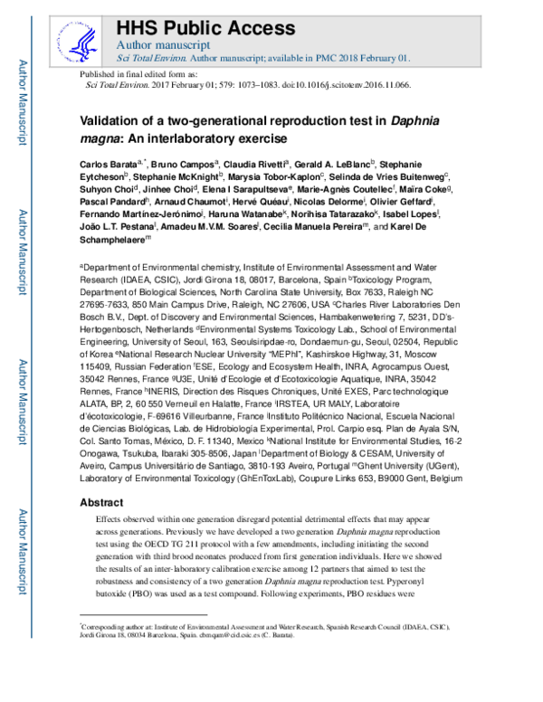 (PDF) Validation of a two-generational reproduction test in Daphnia ...