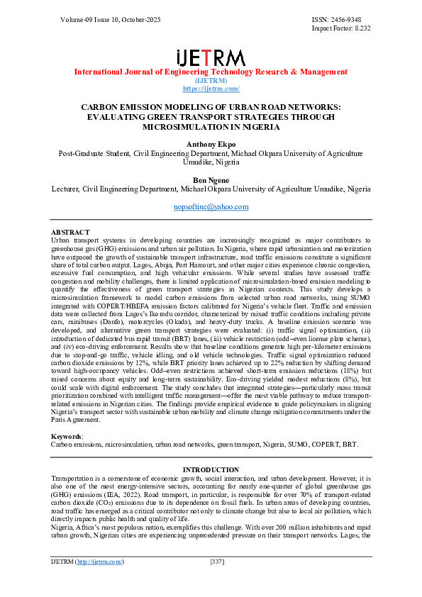 (PDF) CARBON EMISSION MODELING OF URBAN ROAD NETWORKS: EVALUATING GREEN ...