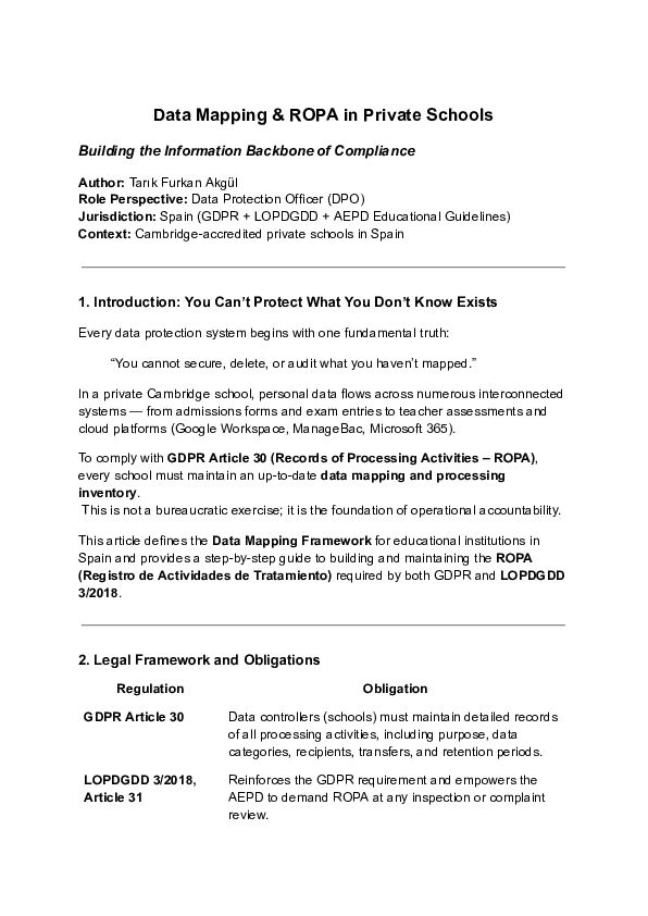 (PDF) Data Mapping & ROPA in Private Schools