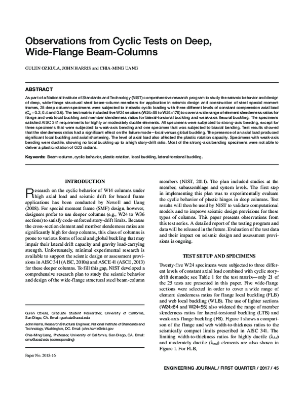 (PDF) Observations from Cyclic Tests on Deep, Wide-Flange Beam-Columns