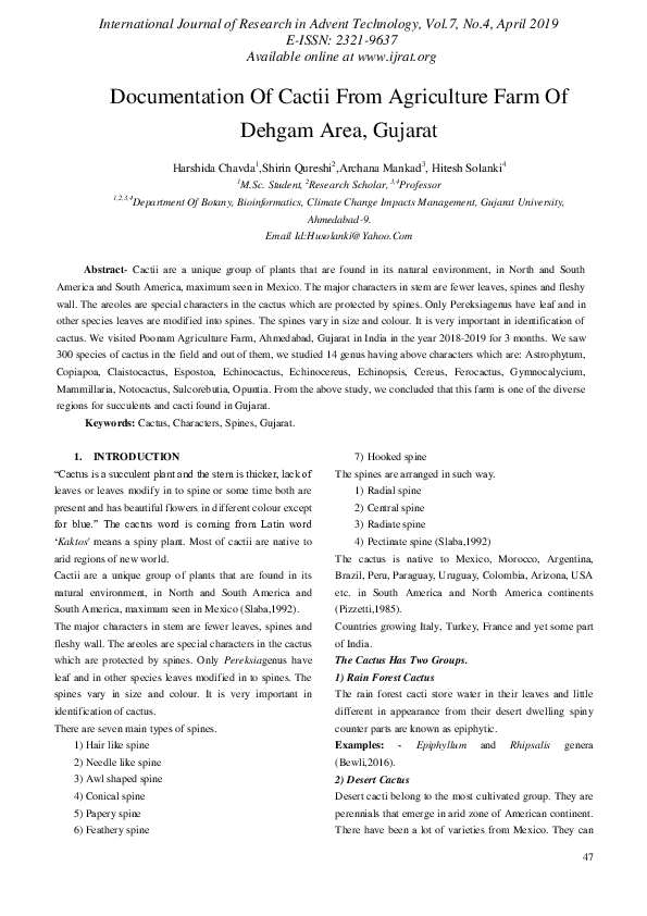 (PDF) Documentation Of Cactii From Agriculture Farm Of Dehgam Area, Gujarat