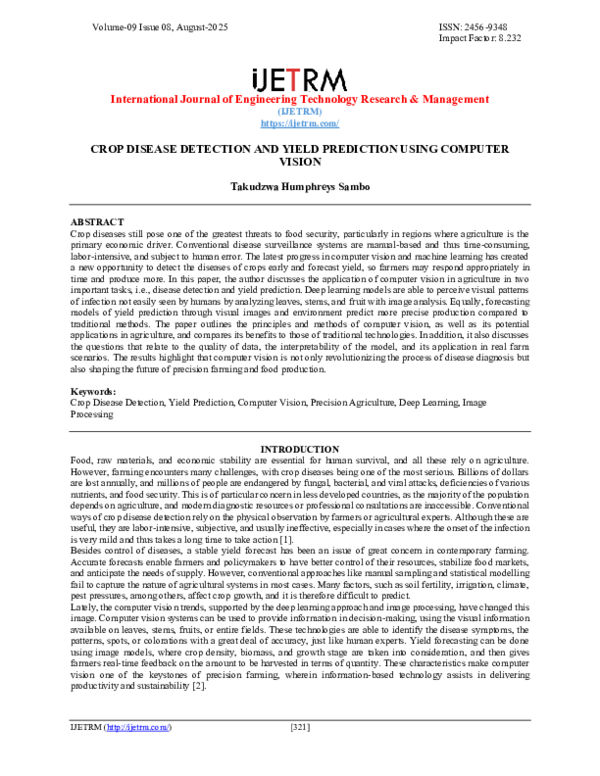 (PDF) CROP DISEASE DETECTION AND YIELD PREDICTION USING COMPUTER VISION