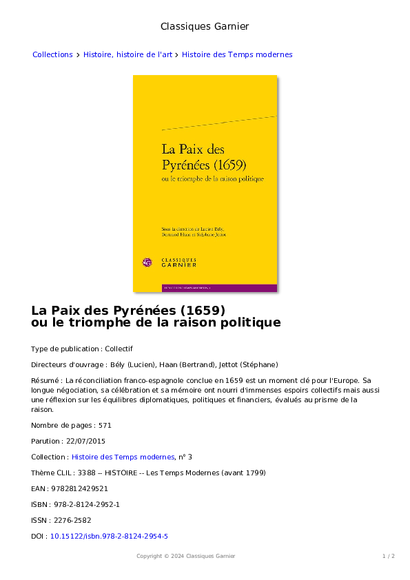 (PDF) La Paix des Pyrénées (1659) ou le triomphe de la raison politique