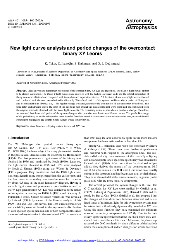 (PDF) New light curve analysis and period changes of the overcontact ...