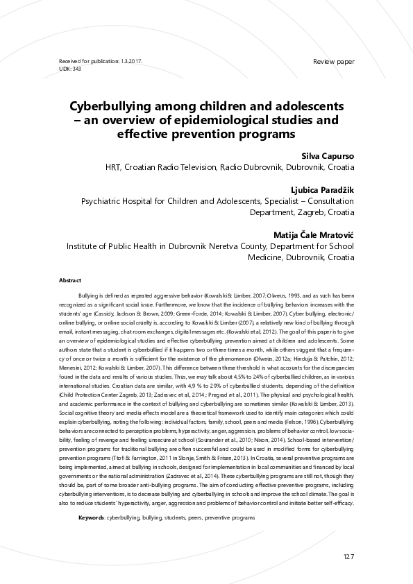 (PDF) Cyberbullying among children and adolescents – an overview on ...