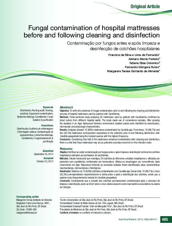(PDF) Fungal contamination of hospital mattresses before and following ...