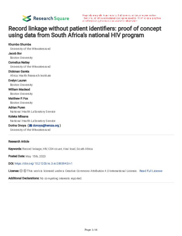(PDF) Record linkage without patient identifiers: proof of concept ...