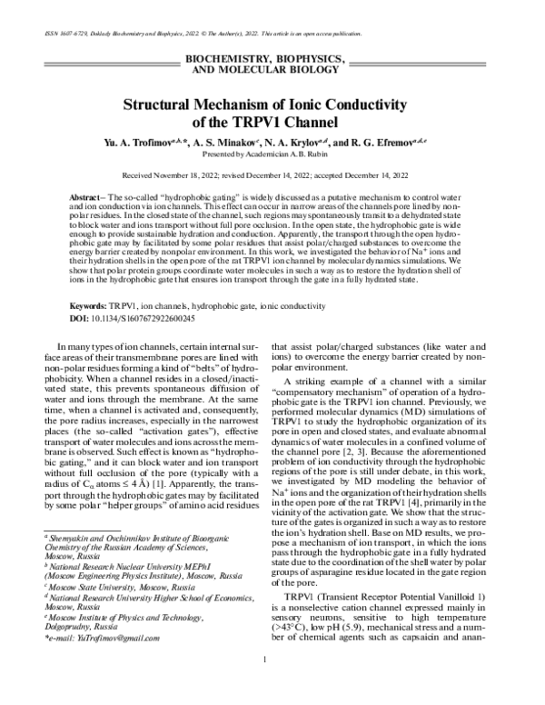 (PDF) Structural Mechanism of Ionic Conductivity of the TRPV1 Channel