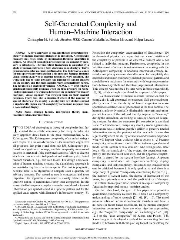 (PDF) Self-generated complexity and human-machine interaction