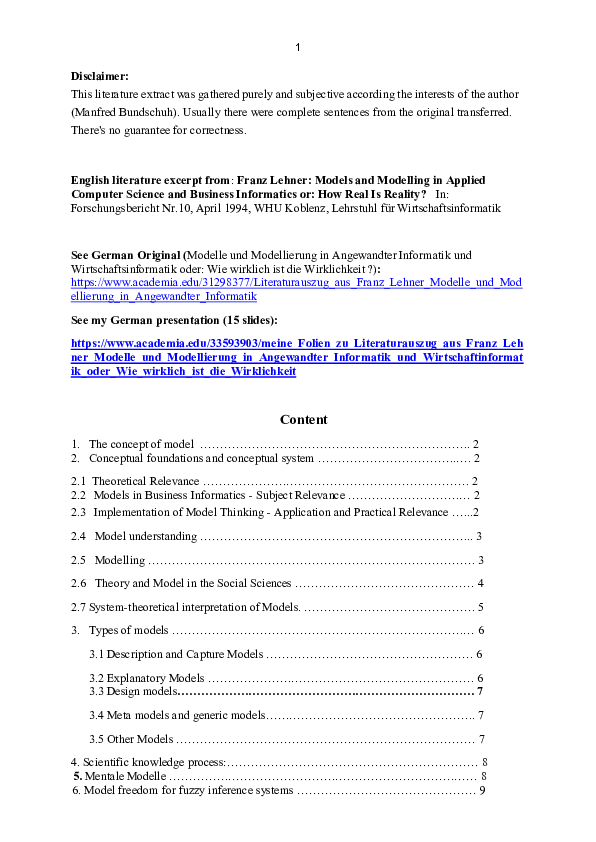(PDF) English excerpt from: Franz Lehner: Models and Modelling in ...