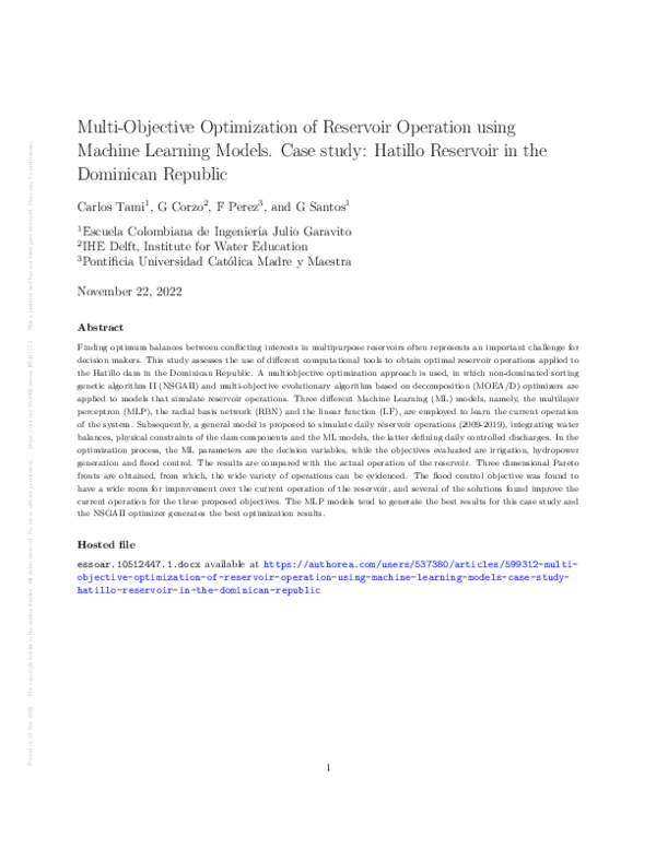 (PDF) Multi-Objective Optimization of Reservoir Operation using Machine ...