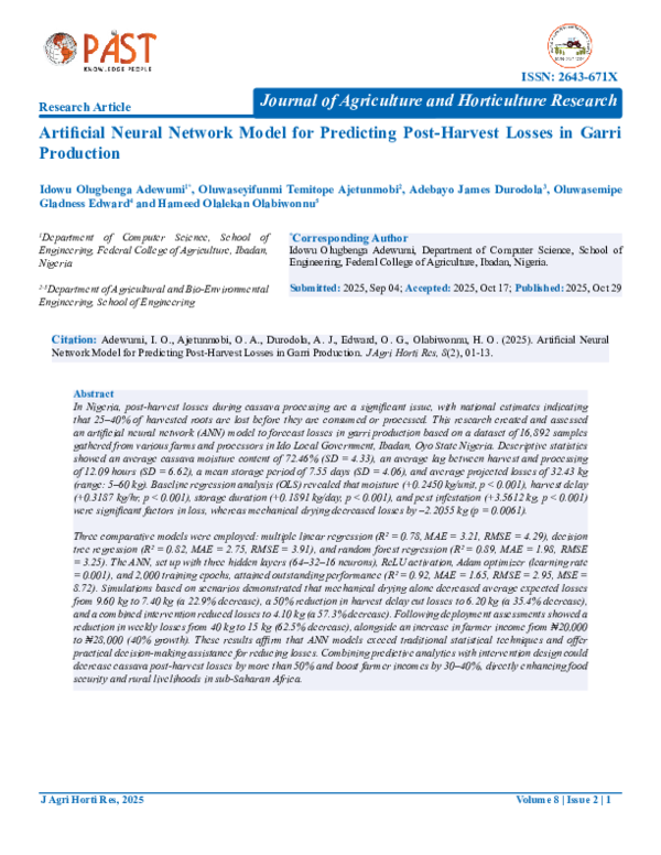 (PDF) Artificial Neural Network Model for Predicting Post-Harvest ...