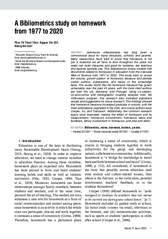 (PDF) A Bibliometrics study on homework from 1977 to 2020