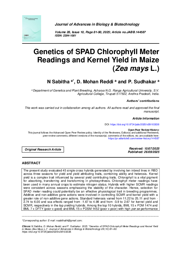 (PDF) Genetics of SPAD Chlorophyll Meter Readings and Kernel Yield in ...