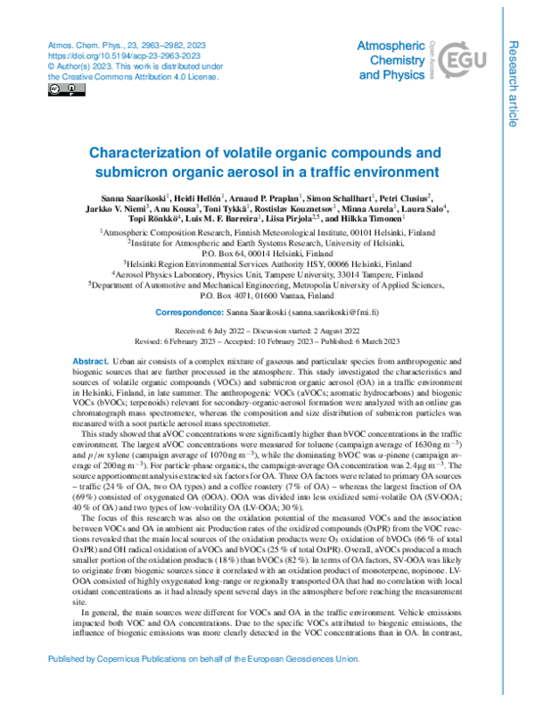 (PDF) Characterization of volatile organic compounds and submicron ...