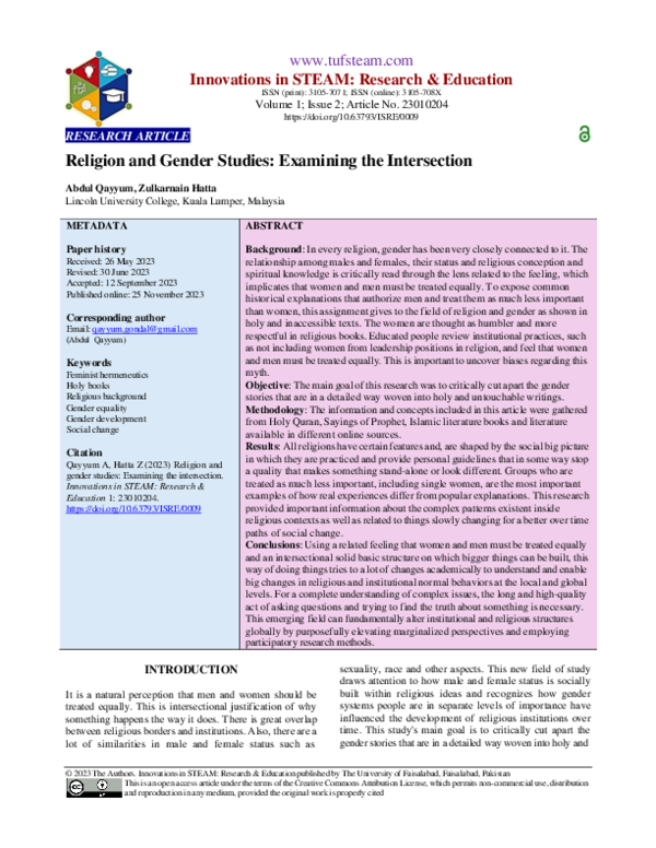 (PDF) Religion and Gender Studies: Examining the Intersection
