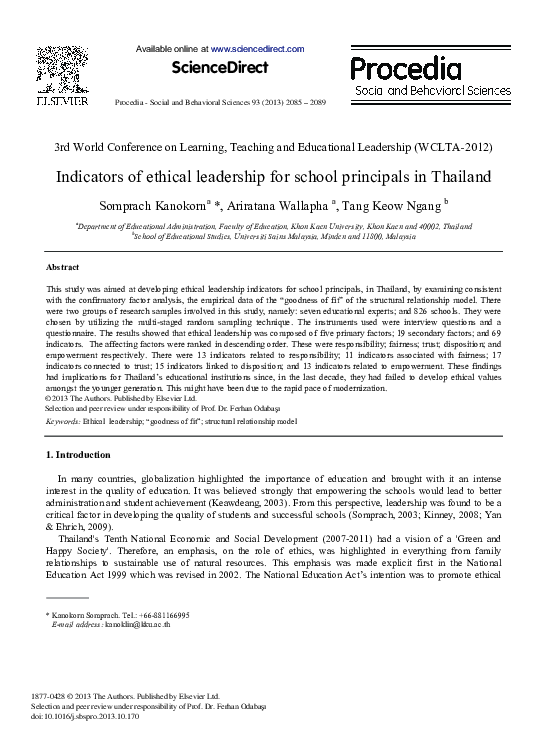 (PDF) Indicators of Ethical Leadership for School Principals in Thailand