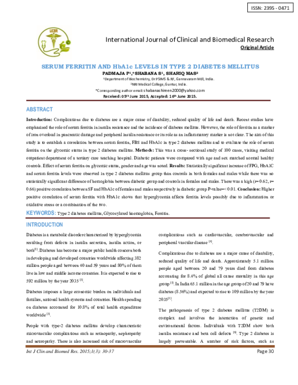 (PDF) SERUM FERRITIN AND HbA1c LEVELS IN TYPE 2 DIABETES MELLITUS