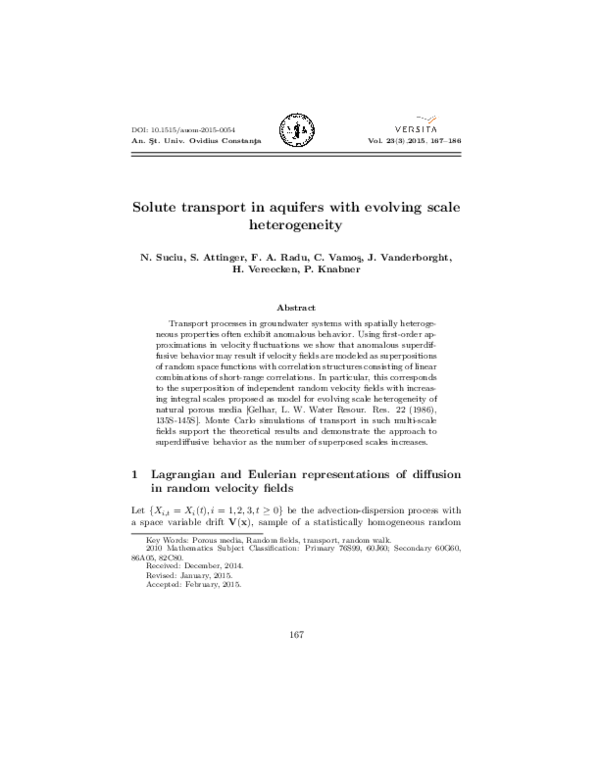 (PDF) Solute transport in aquifers with evolving scale heterogeneity