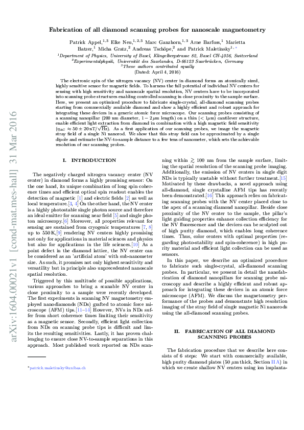 (PDF) Fabrication of all diamond scanning probes for nanoscale magnetometry