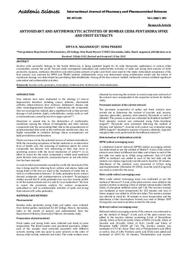 (PDF) ANTIOXIDANT AND ANTIHEMOLYTIC ACTIVITIES OF BOMBAX CEIBA ...