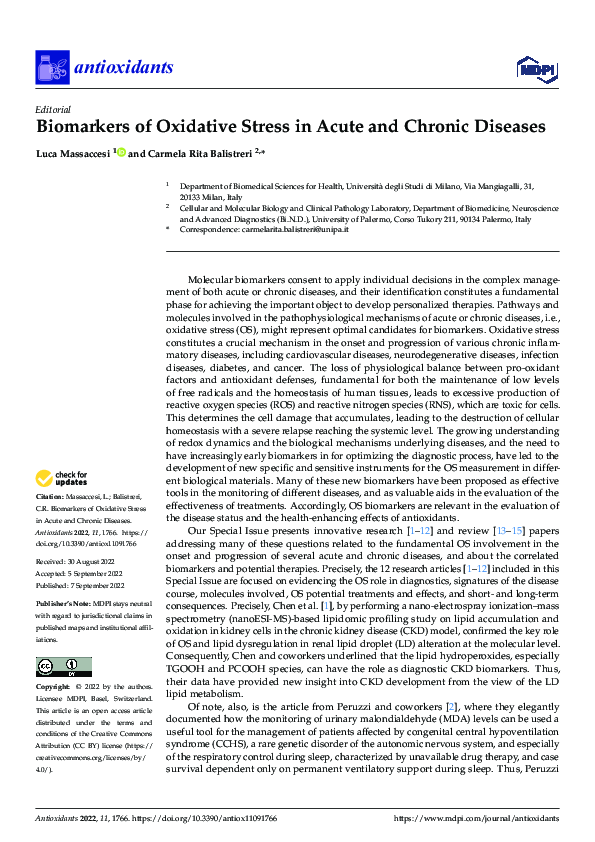 (PDF) Biomarkers of Oxidative Stress in Acute and Chronic Diseases