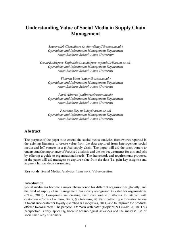 (PDF) Understanding Value of Social Media in Supply Chain Management