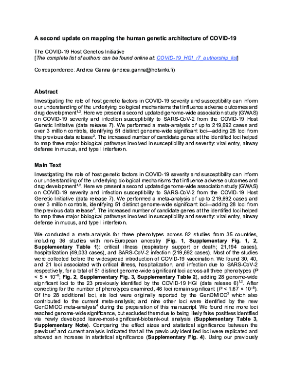 (PDF) A second update on mapping the human genetic architecture of COVID-19