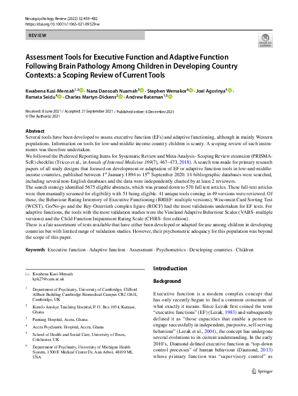 (PDF) Assessment Tools for Executive Function and Adaptive Function ...