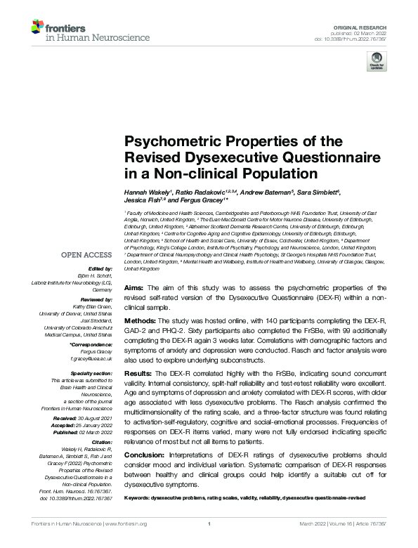 (PDF) Psychometric Properties of the Revised Dysexecutive Questionnaire ...