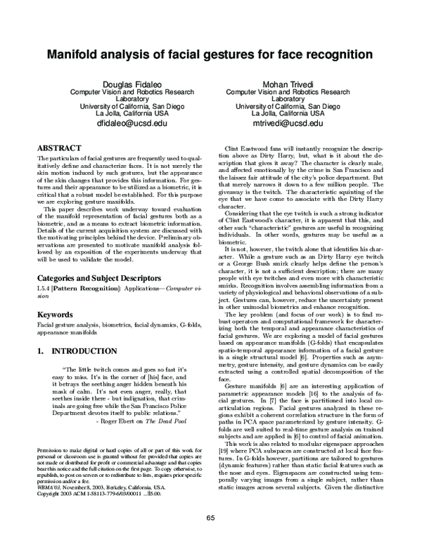 (PDF) Manifold analysis of facial gestures for face recognition
