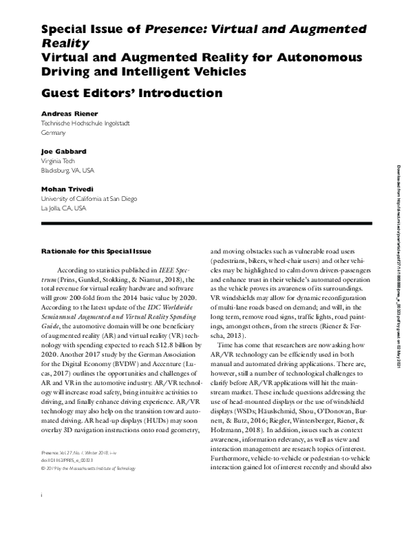 (PDF) Special Issue of Presence: Virtual and Augmented Reality Virtual ...