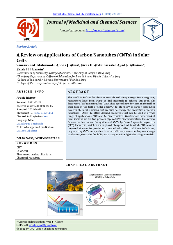 (PDF) A Review on Applications of Carbon Nanotubes (CNTs) in Solar Cells