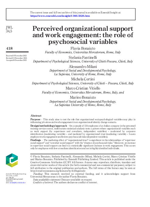 (PDF) Perceived organizational support and work engagement: the role of ...