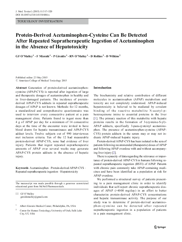 (PDF) Protein-Derived Acetaminophen-Cysteine Can Be Detected After ...