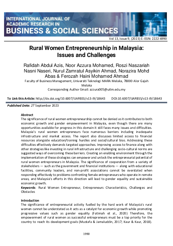 (PDF) Rural Women Entrepreneurship in Malaysia: Issues and Challenges