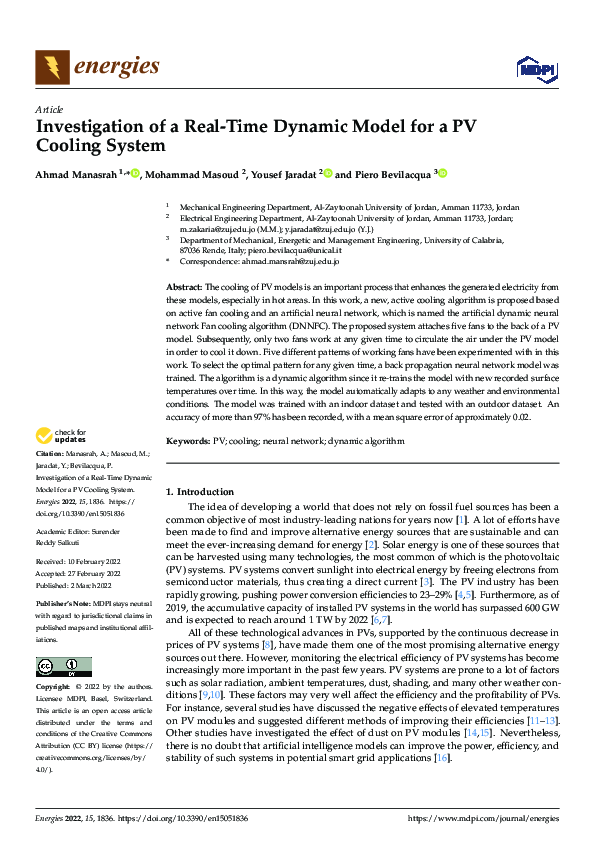 (PDF) Investigation of a Real-Time Dynamic Model for a PV Cooling System